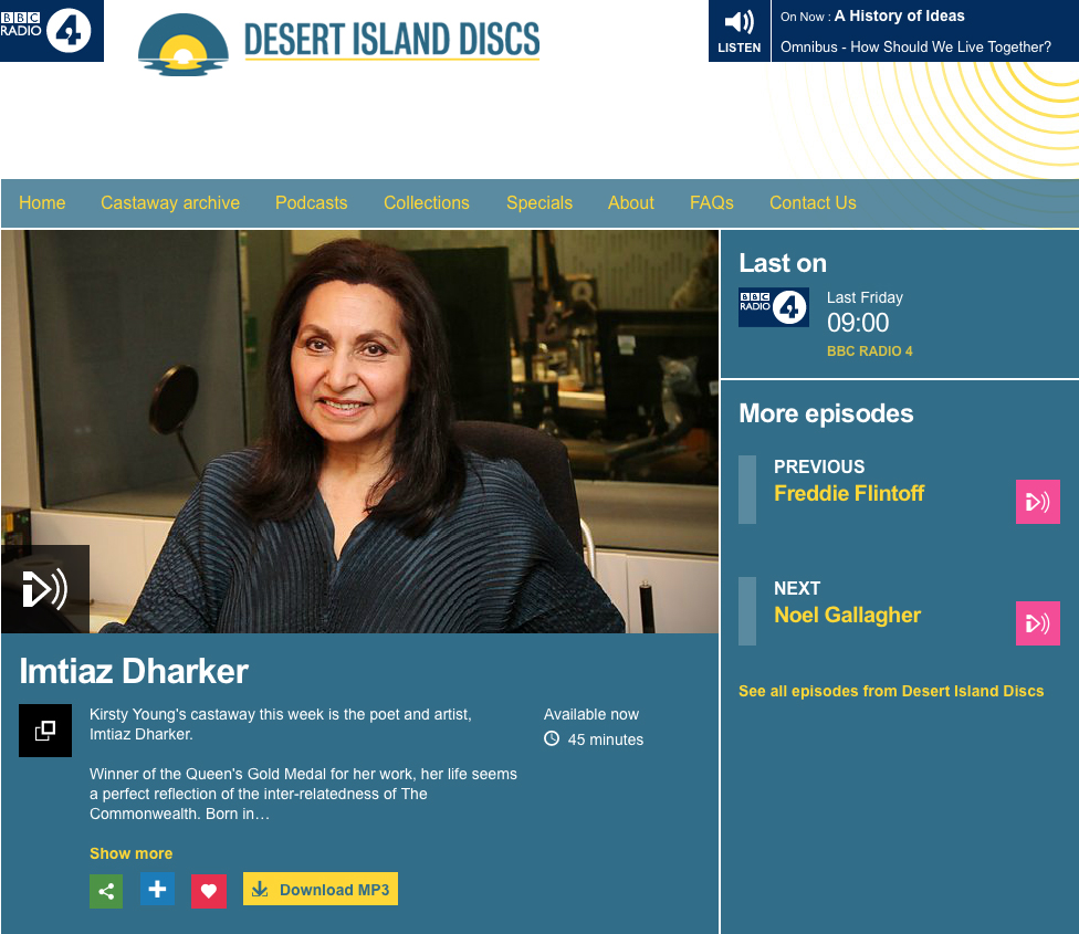 Imtiaz Dharker on Desert Island Discs