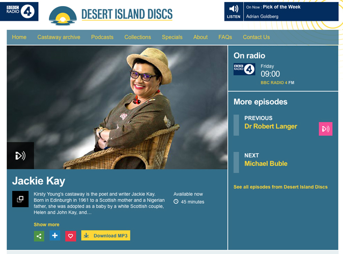 Jackie Kay castaway on Desert Island Discs