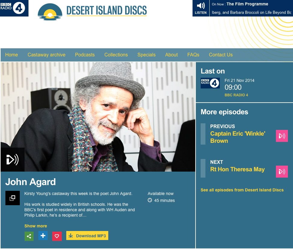 John Agard on Desert Island Discs